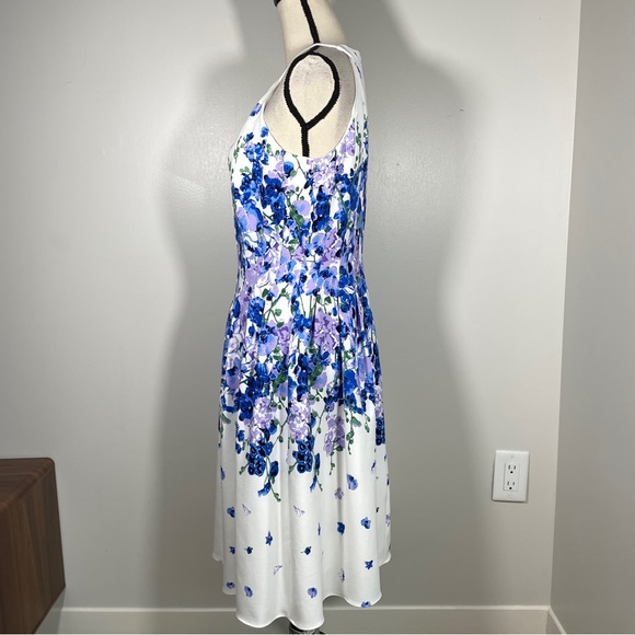 Adrianna Papell White Blue Floral Halter Neck Fit and Flare Sleeveless Dress 10 - Picture 6 of 11